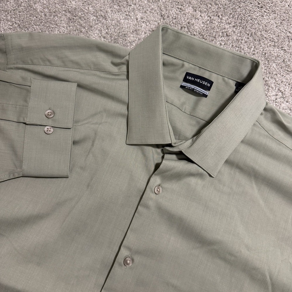 Van Heusen Big Fit Shirt Mens 19 34/35 Light Sage Comfort Performance Button‎ Up